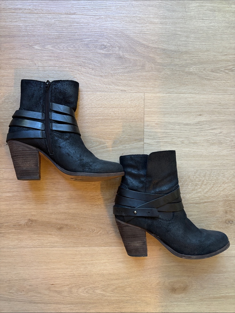 Aldo Black Suede Strap Block Heel Ankle Boots